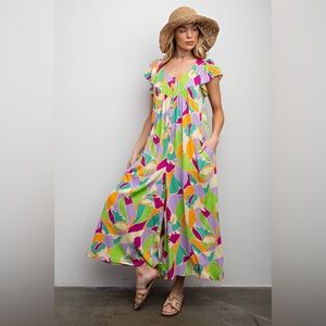 #72 New! Easel Colorful Floral Wide-Leg Jumper